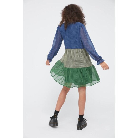 Resume Colorblock Gingham Dress Size 40 Med/LG Tiered Frock Long Sleeves Sophia - Picture 11 of 12